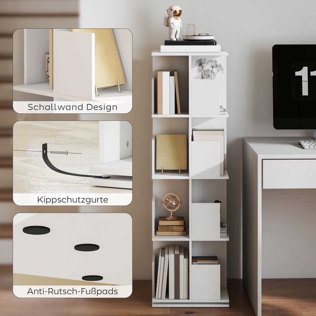 Rotating Bookshelf with 4 Levels, 16 Compartments, Easy Access, for Bedroom, Living Room, Study, Particle Board, White