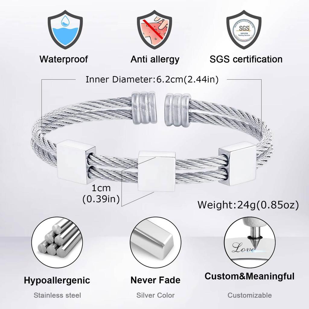 Vnox 10mm Width Double Layer Steel Rope Bracelet, Gold Silver Color Open Cuff Bangle with Square Charm, Men's Punk Jewelry Gifts