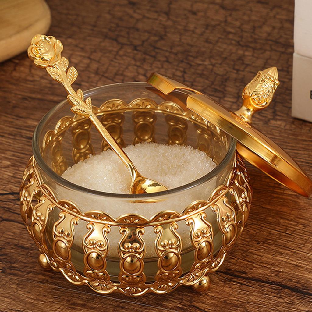 Decorative Hollow Out Iron Sugar Bowl With Clear Glass Canister and Spoon Multiuse Spices Jar For Storing Dry Ingredient