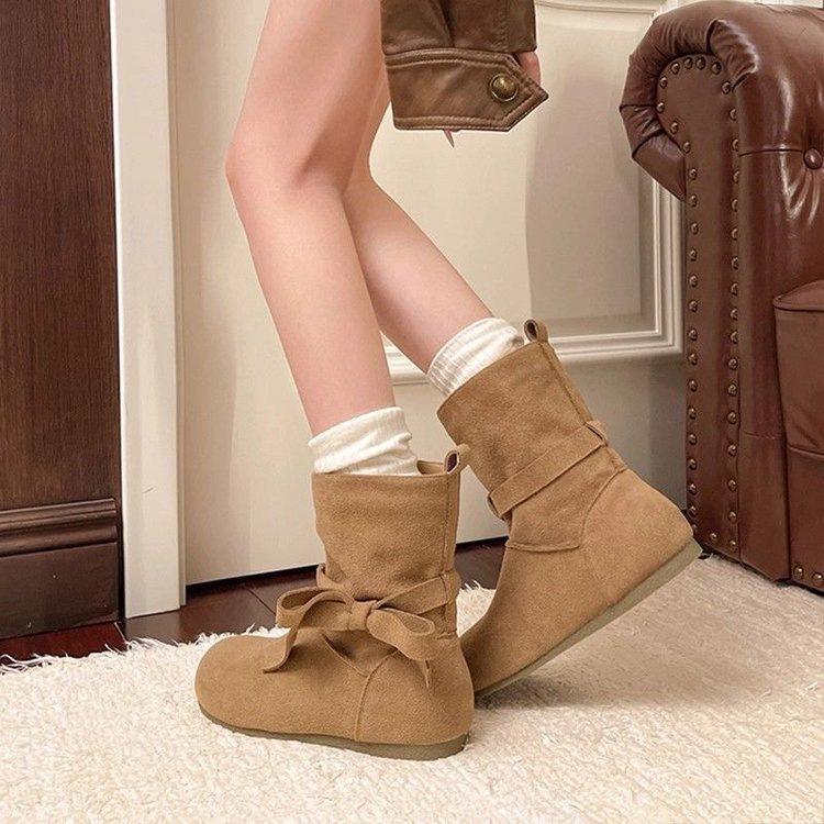 Suede bow short boots autumn new round head thin boots French niche fashion boots 35