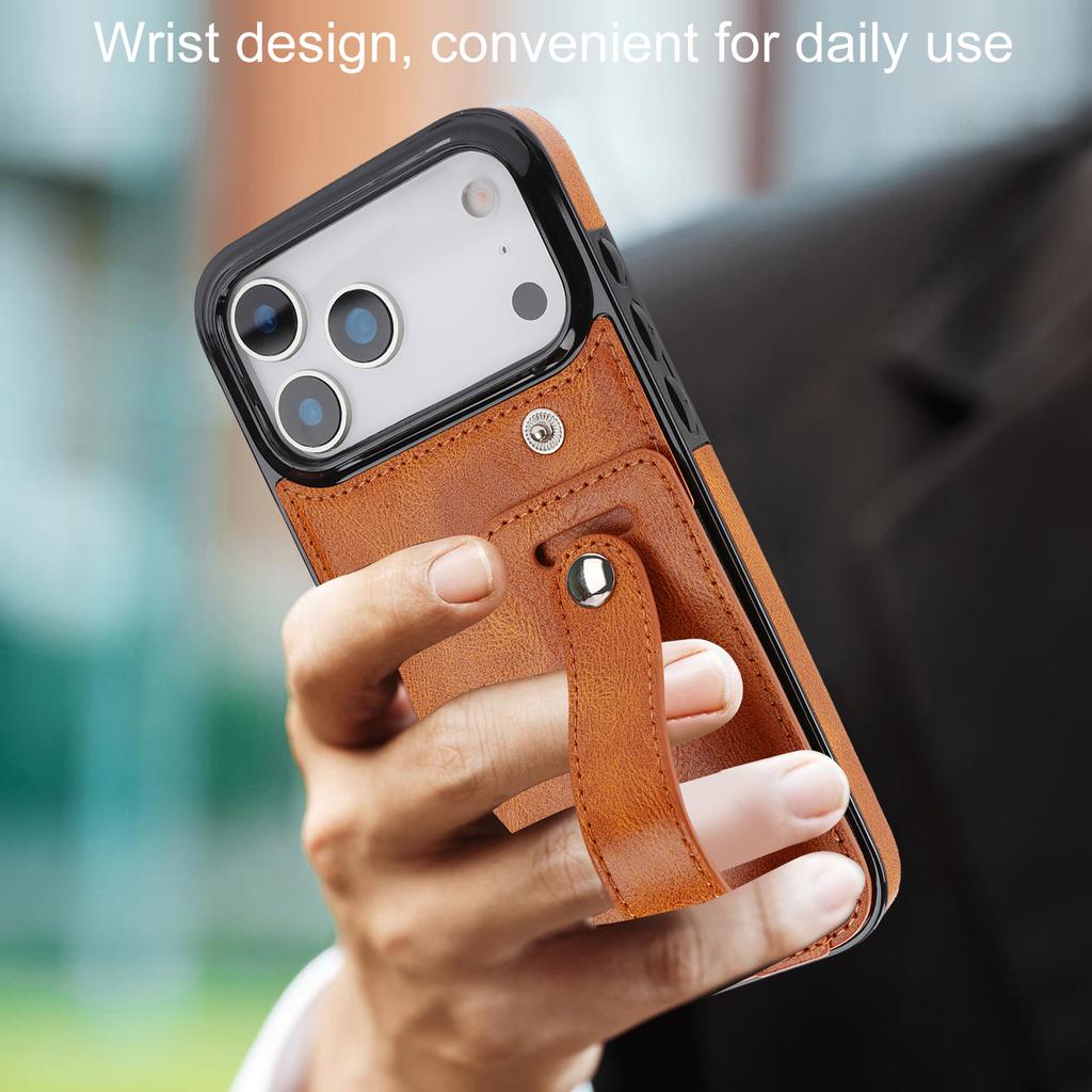 Cards Solt Wallet Wrist Band Leather Case for IPhone 17 16 15 Pro Max 12 13 11 XS X XR 15Plus Bracket Wristband KickStand Cover