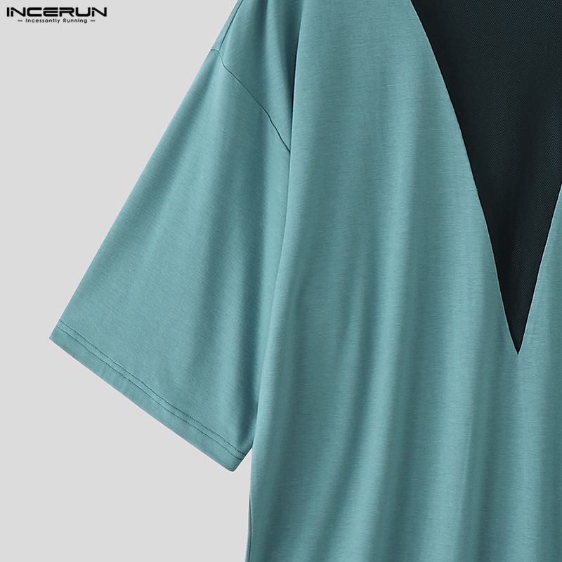 INCERUN Sommer Herren Kurzarm Netz Durchsichtig Patchwork Lässig Locker Oberteile T-Shirts