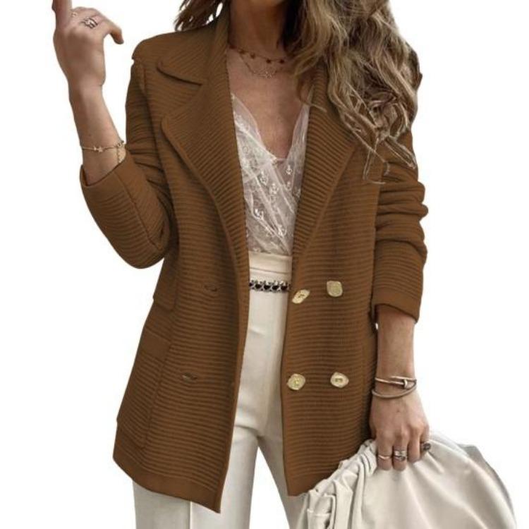 Women Fall Coat Long Sleeve Tweed Blazer Jacket Double Breasted Notched Lapel Ribbed Open Front with Pockets
