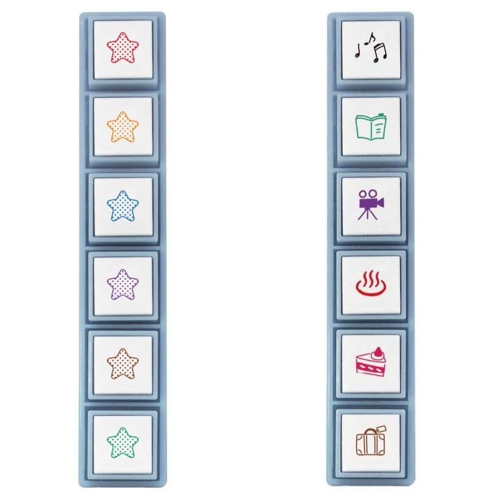 Kodomonokao Pochitto Pick Pre-Inked Stamp 2-Piece Set, Colorful Star & Hobby, Compact Button-Style Ink Stamps for Planners, Journals, and Crafting