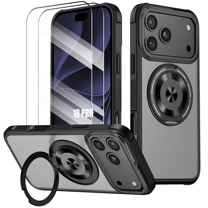 Coque + 2 Verres Trempés pour iPhone 18 Pro, Silicone PC avec Anneau Magnétique Rotatif - Noir