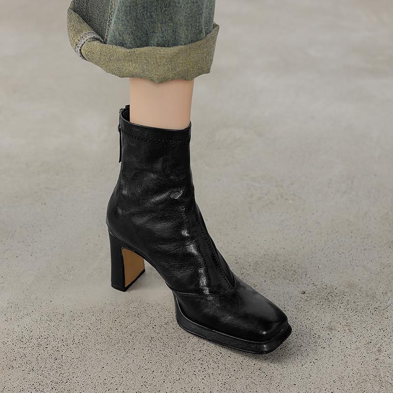 Krazing Pot Sheepskin Winter Square Thick High Heels Chelsea Boots Women Zipper Platform Ankle Boots