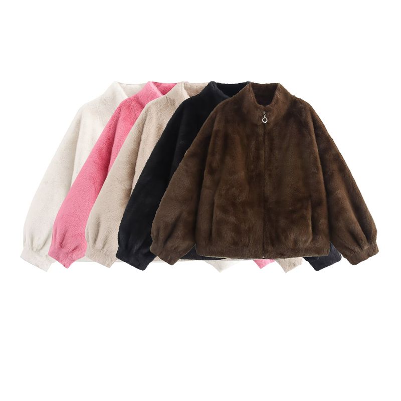Kaslead New Arrival Women's Clothing Fashion Style Fur Integrated Stand Collar Short Zipper Jacket Outwear