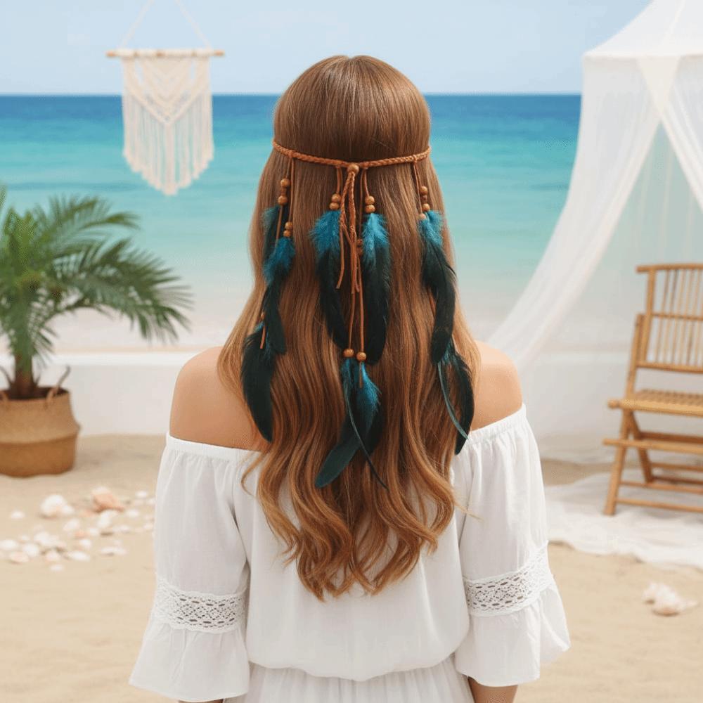 Intricate Beadwork Long Feather Headpiece Tribal Feather Hair Extensions  Music Festival Look