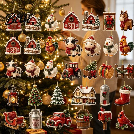 Kids Holiday Activity Ornament Set Calendar 24Pcs Christmas Advent Sets Farm Acrylic 2D with Rustic