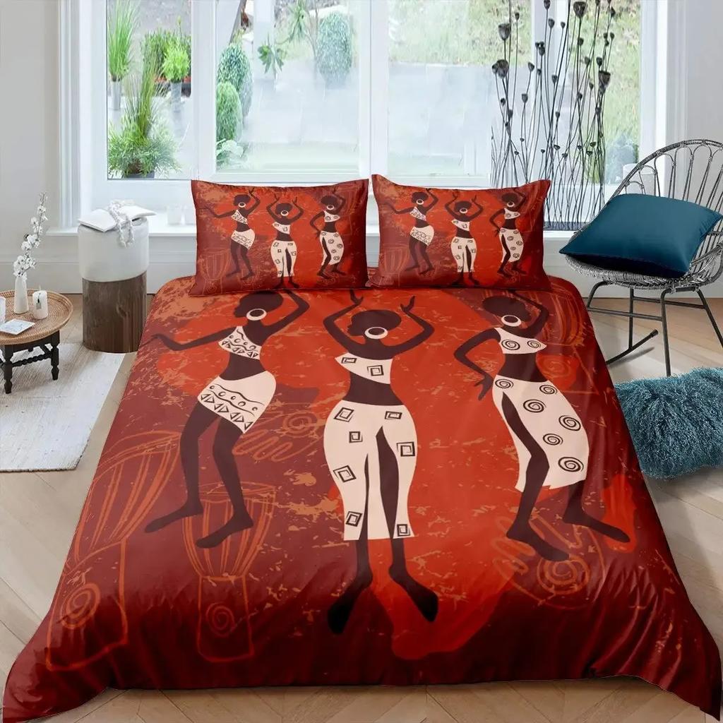 African Woman Duvet Cover Set Ethnic Afro Bedding Set African American Comforter Cover Orange Ancient Desert Bedspread