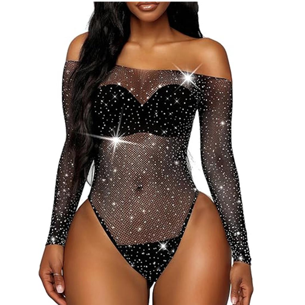Sexy Fishnet Bodysuit Costume Lingerie For Woman Open Crotch Bodystocking Diamonds Erotic Long Sleeve Underwear Porn Catsuit