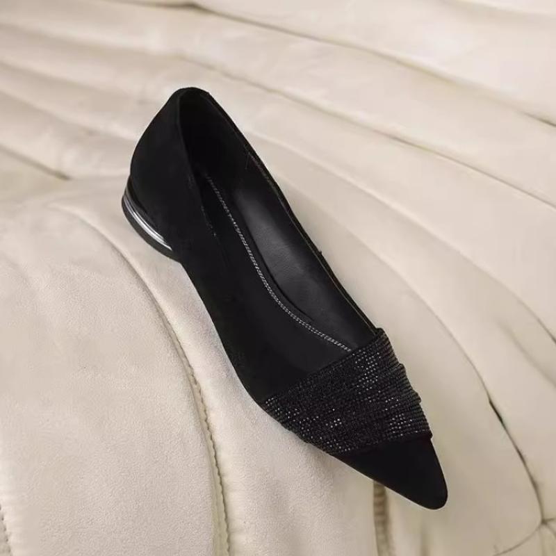 

Мода 2025 Новая Мода Ручная Работа Натуральная Элегантный Бриллиантовый Острый Носок Повседневные Слипоны Балетки Низкий Каблук Однотонные Туфли для Поездок на Работу 35 чёрный