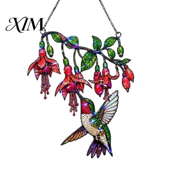 Decorative Gift for Gardening Enthusiasts Hummingbird Window Hanging Pendant, Acrylic Stained Glass Style Suncatcher Home Garden Balcony Decoration,