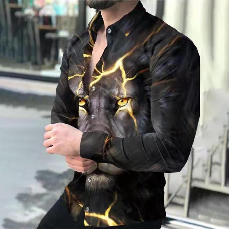 Camisas de moda para hombre, camisa con estampado de León, camisa de manga larga con solapa para hombre