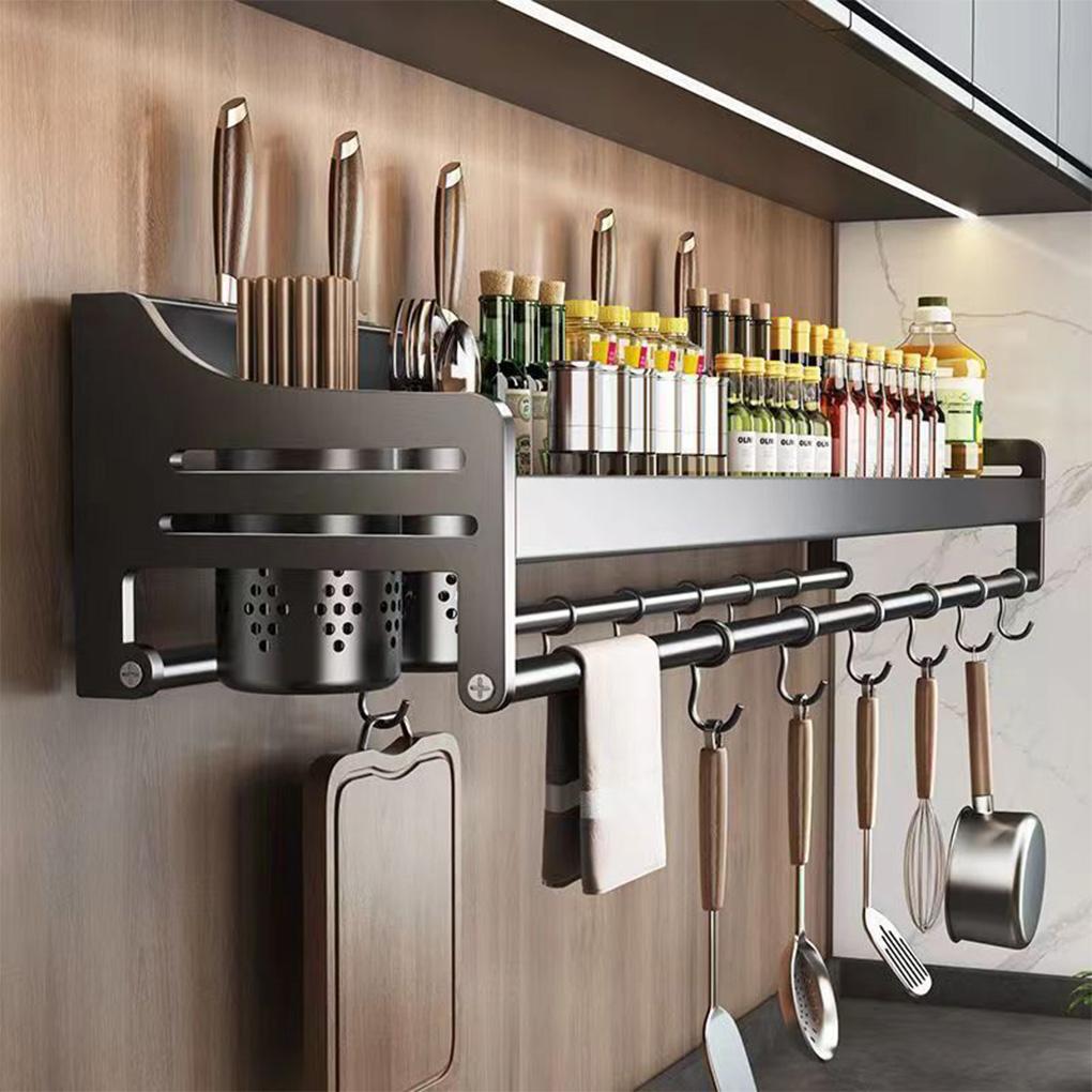 Wall-mounted Kitchen Organizer Shelf Spice Storage Rack Household Seasoning Chopsticks Knife Spoon Shovel Storage Holder