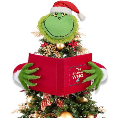 Yousheng Green Elf Reading Book Christmas Tree Topper Plush Elf Head Arm Treetop Ornament for Farmhouse Holiday Party Tree Decor