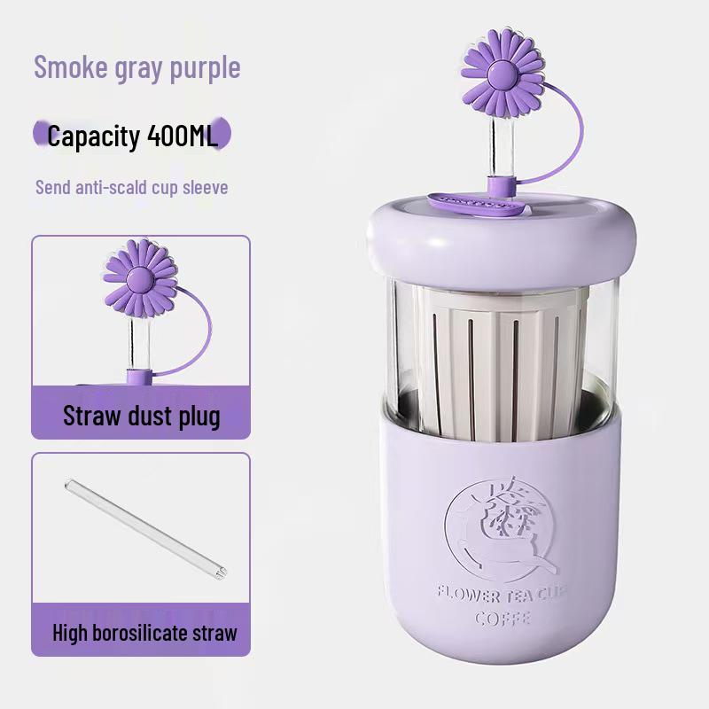 Charming Floral Tea Cup with Sleeve - Lemon Portable Mug for Milk, Coffee, Tea, Water; Includes Straw for Separation, Large Capacity.