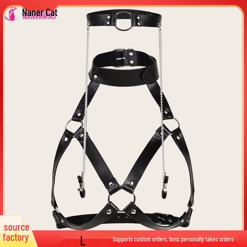 Leather Gag & Nipple Clamps Chain - Women's Erotic Restraint Clothing & Props