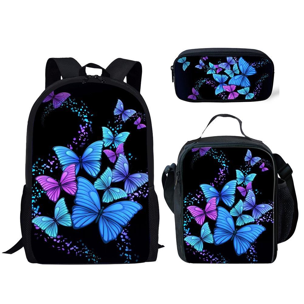 Trendig Beliebt Neuheit Lustig Schmetterling 3D-Druck 3 Stück/Set Schüler Schultaschen Laptop Tagesrucksack Rucksack Lunchtasche Federmäppchen