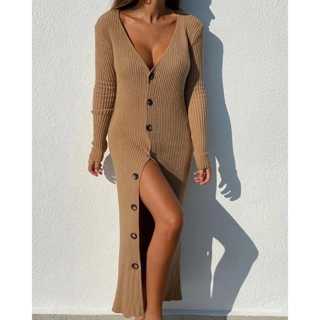 Plus Size Women's Casual Knit Threaded Button Long Sleeve Cardigan Dresses