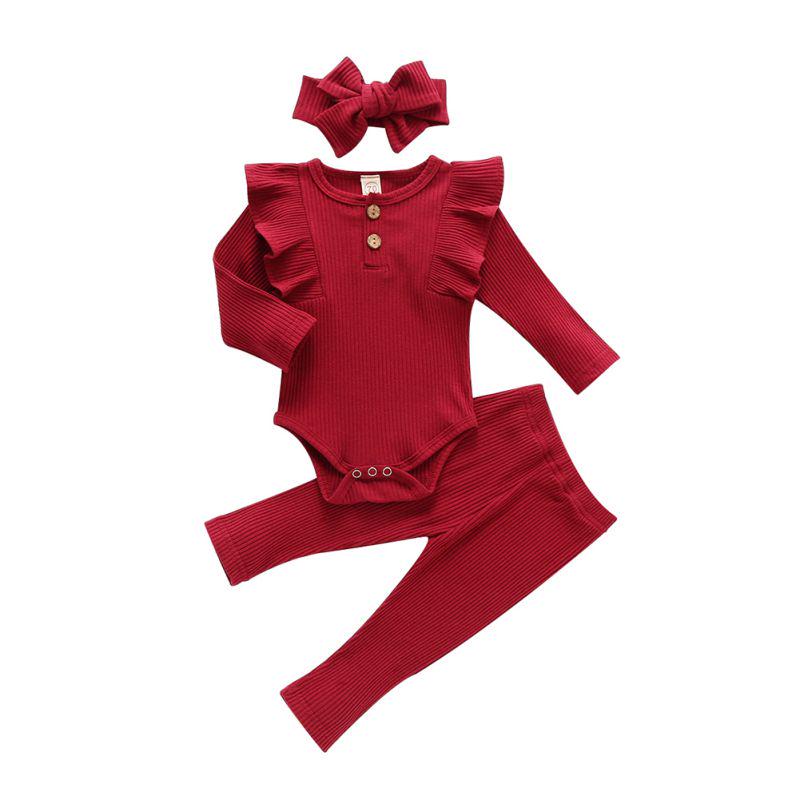 Newborn Infant Baby Girls Clothes Solid Long Ruffled Fly-sleeved Bodysuit+ Pants + Headband Toddler Outfits Clothing Set