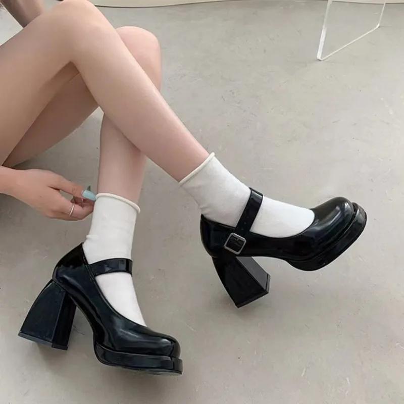 Dámské boty Mary Jane, nové, vysoké podpatky, dámské korejské, silné, kulaté, retro, bílé a černé, vysoké podpatky, svatební boty pro nevěstu
