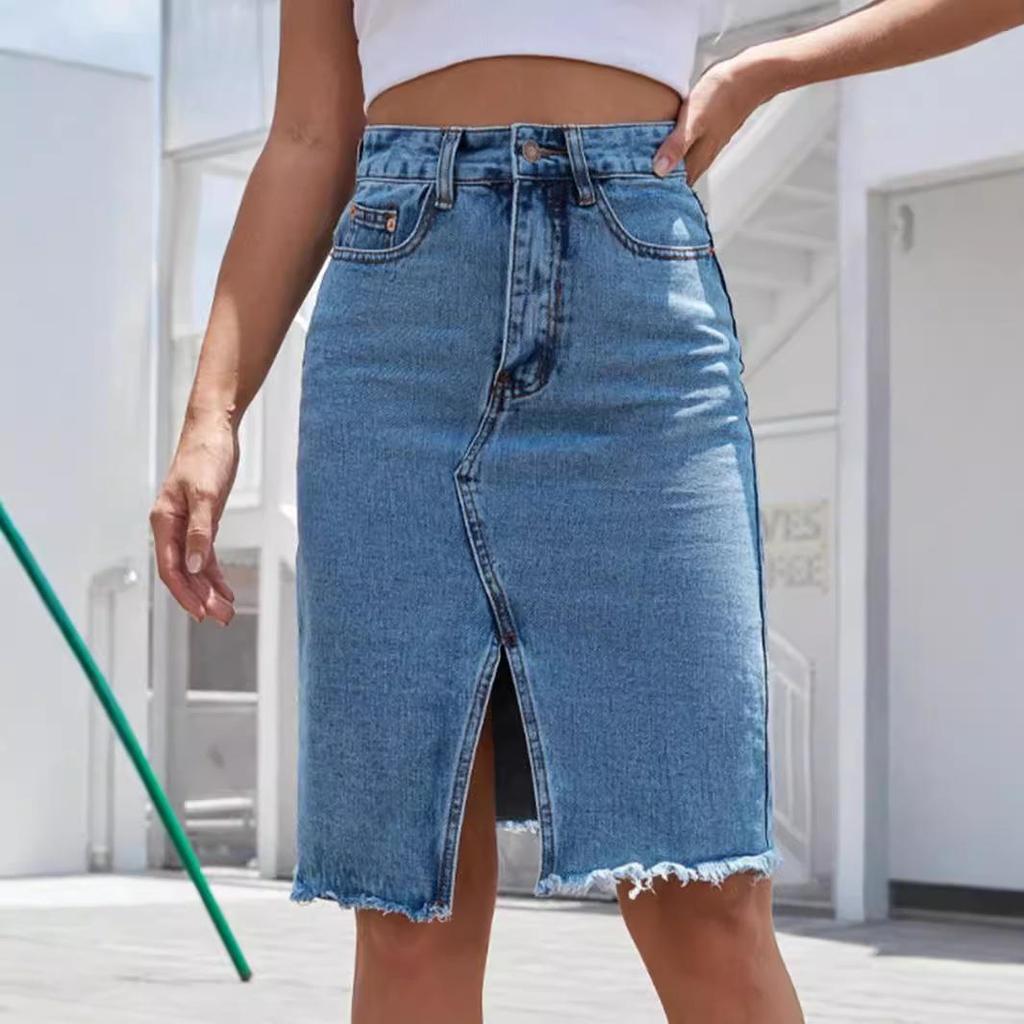 Women's High-Waisted Mid-Length Split Denim Skirt - European & American Style