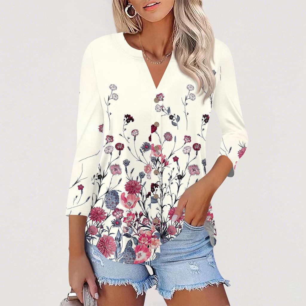 Women's Button Down Cardigan T Shirts 3/4 Sleeve V Neck Tees Casual  Fashion Printed T-shirt Tops