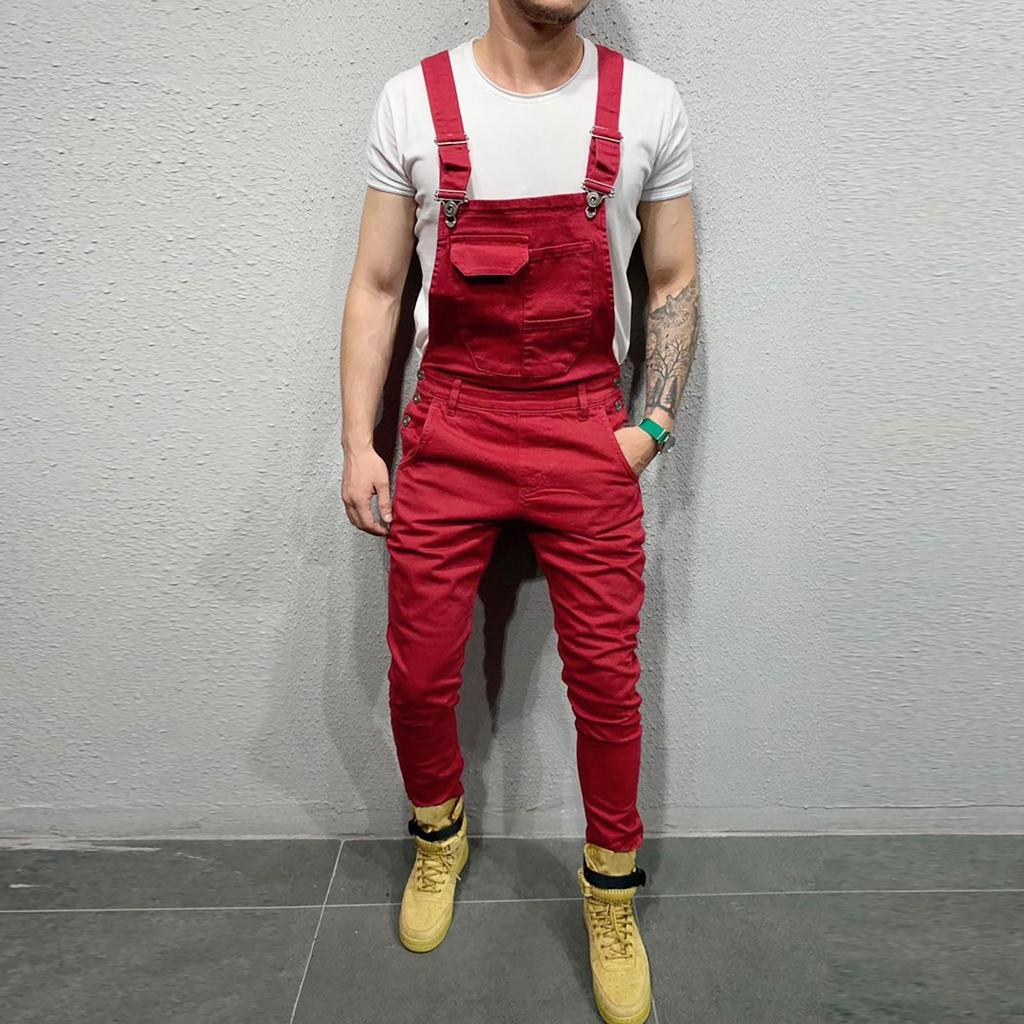 Erkek Moda Denim Askıları Yıkanmış Genel Tulum Sokak Şıklığı Cep Jartiyer Pantolon