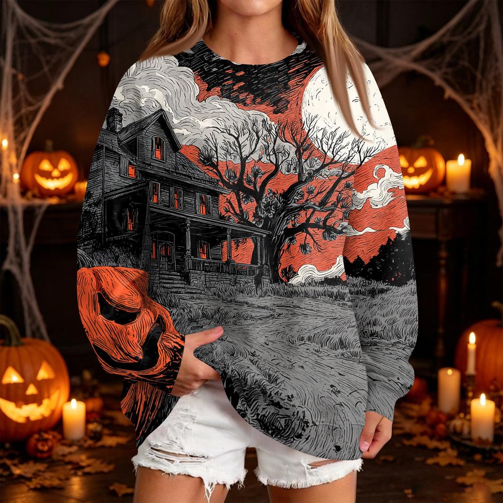 Women's Casual Round Neck Sweatshirt with Halloween Print, Long Sleeve Pullover for Festivals
