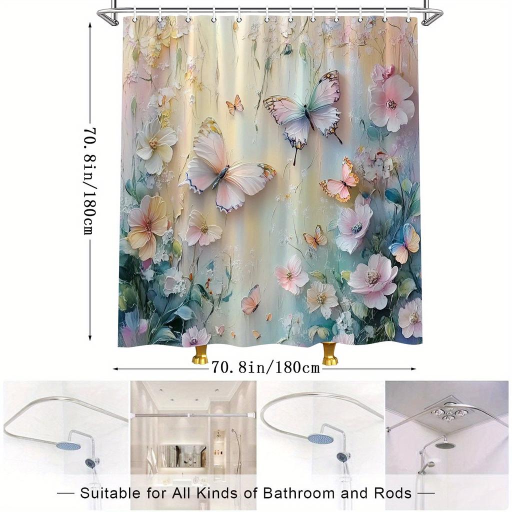 1pc Shower Curtain - Floral & Butterfly Design, Soft Pastel Gradient, Romantic Style, Polyester,  Bathroom & Patio Decor
