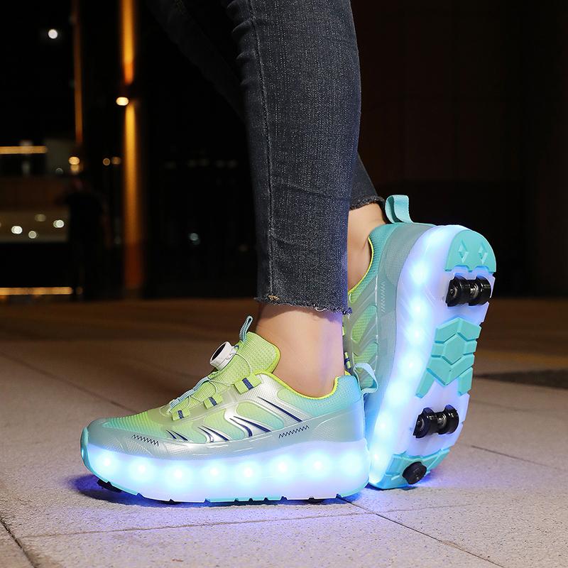 Kid's Roller Skates Removable Flat Charging LED Four Wheels Glowing Sports Shoes Pink Women's Glowing Sneakers