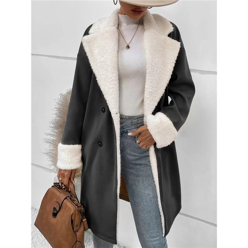 Winter New Suede Shearling Spliced Mid-Length Coat Loose Double Breasted Thick Warm Overcoat