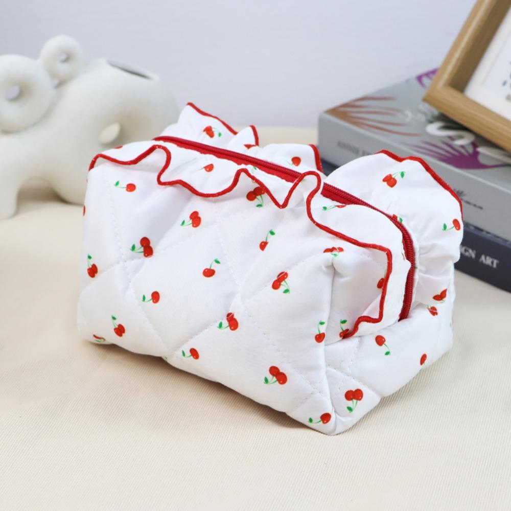 Large Capacity Ruffle Makeup Bag Cherry Printed Wash Storage Bag Sweet Toiletry Organizer Skincare