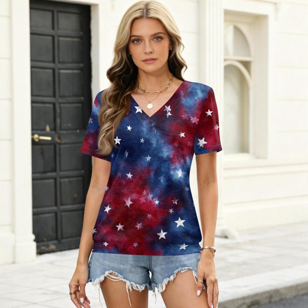 Women's Casual V Neck Short Sleeve Top Independence Day Print Lightweight Comfortable Summer Shirt for Everyday Wear