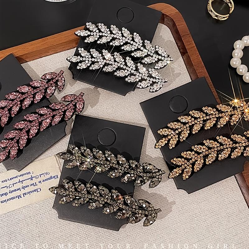 Vintage Elegant Alloy Wheat Ear Hairpins Crystal Embellished Leaf-Shaped Hair Clips Solid Color Duckbill Ideal for Valentine'S Day Gift