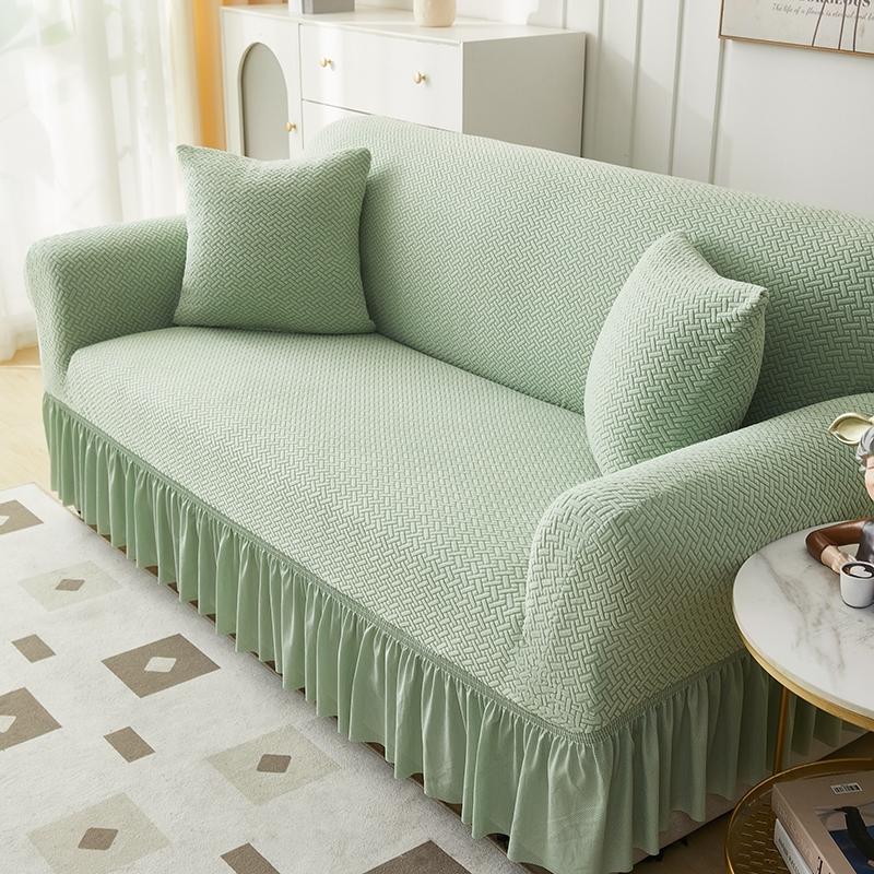 Solid Color Thick Sofa Cover for Living Room Elastic Jacquard 1/2/3/4 Seater Sofa Cover With Skirt
