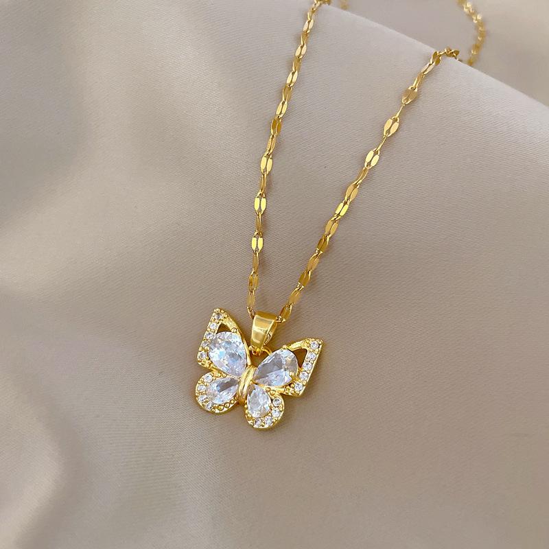 Exquisite Zircon Butterfly Earrings Necklace Jewelry Set Women's Stainless Steel Butterfly Flower Clavicle Necklace Jewelry