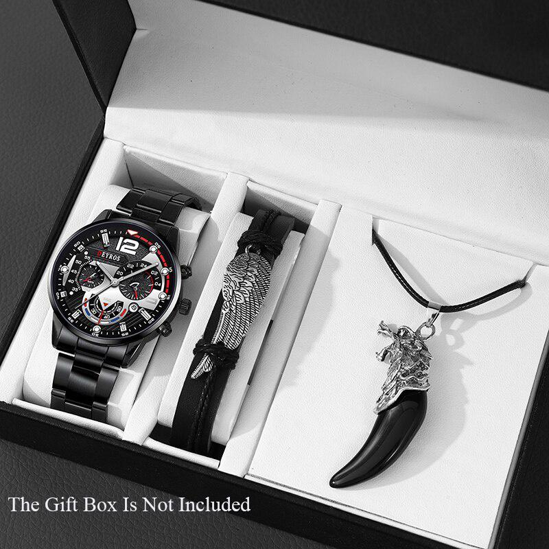 3pcs/set Men'sBusiness Alloy Stainless Steel Pointer Quartz Wrist Watch & Bracelet Necklace Set
