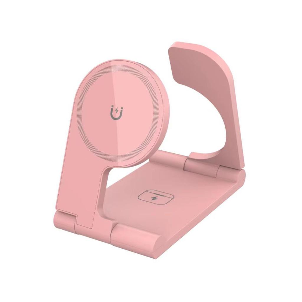 3-in-1 Foldable Wireless Magnetic Charger Stand for iPhone, Earbuds, and Watch - 15W Portable