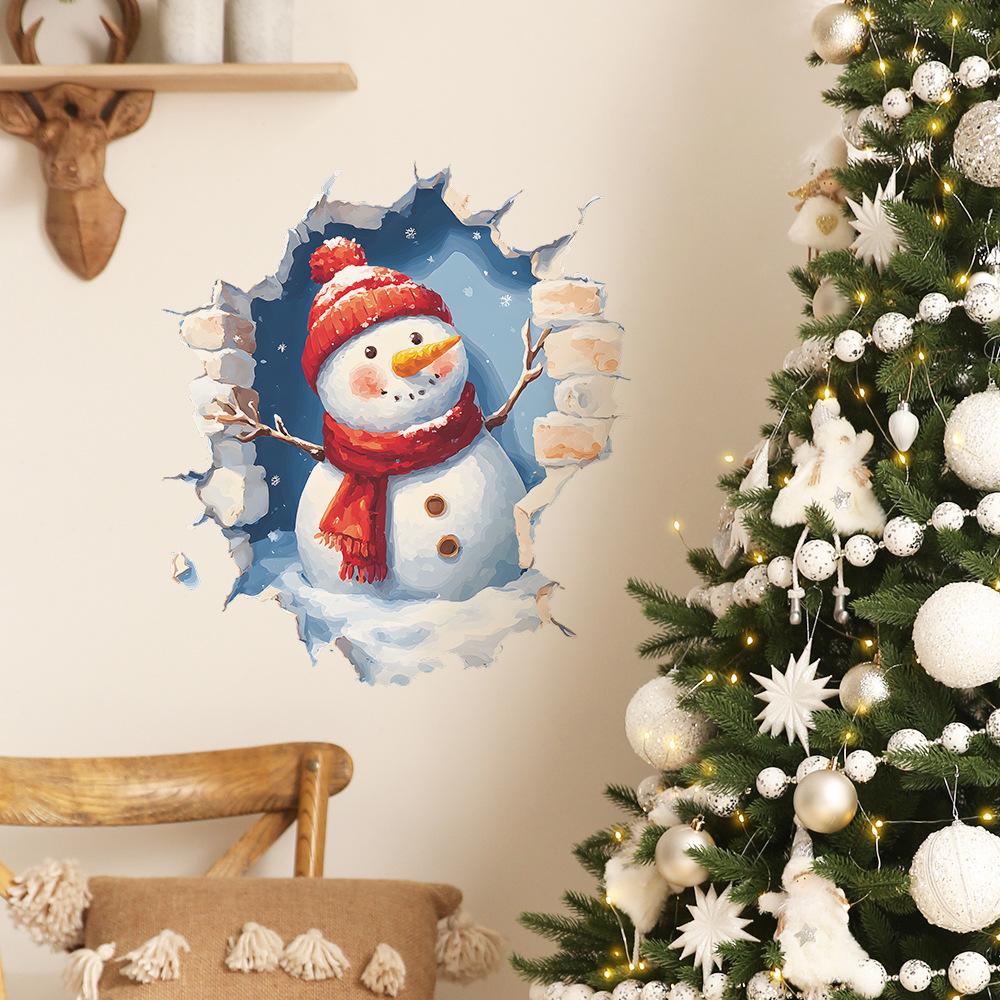 Wholesale of Cartoon Wall-breaking Christmas Snowman Festive Atmosphere Home Wall Beautification Stickers Self-adhesive for Export