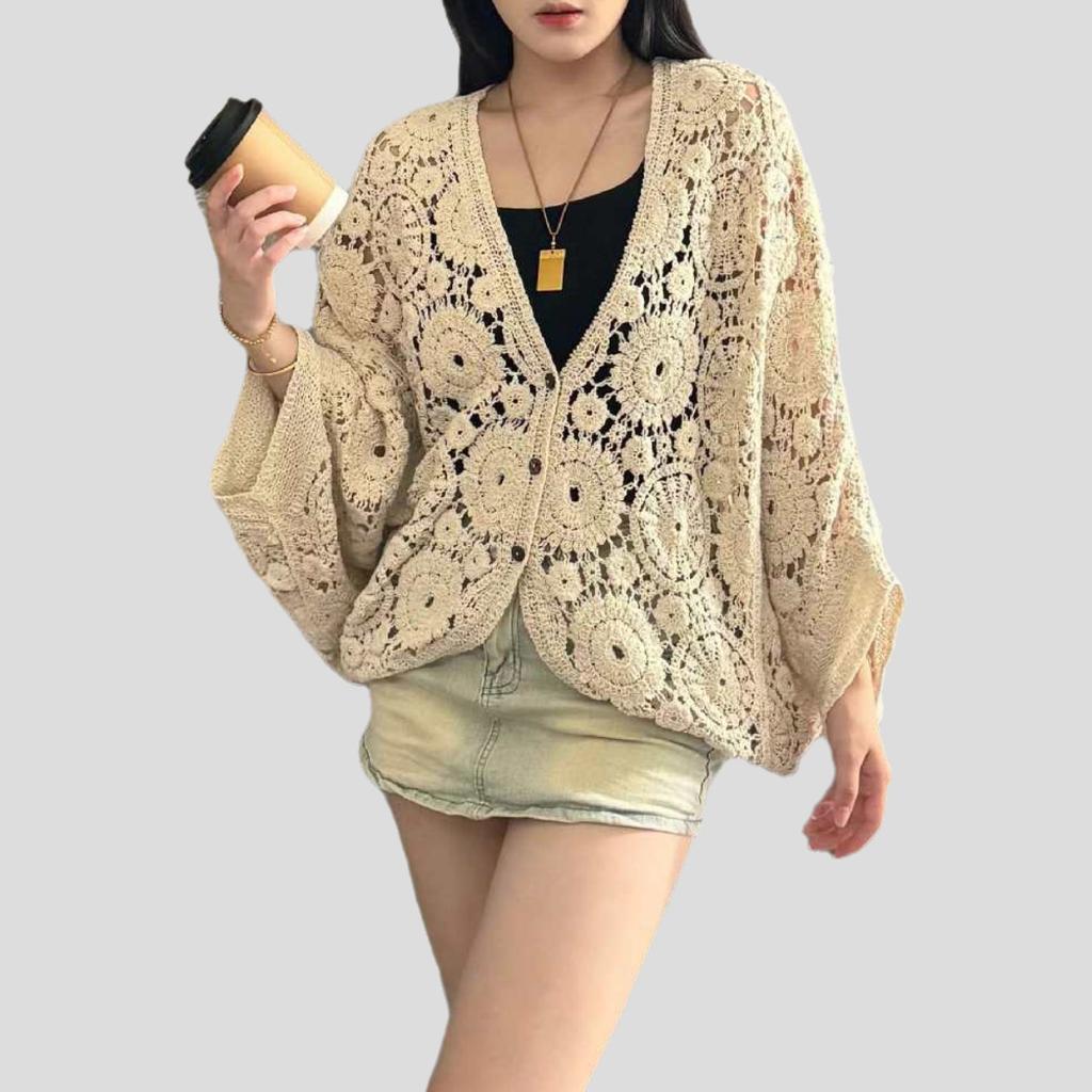 Bohemian Women's Crochet Hollow-out Knitted Cardigan Top Loose Batwing Short-sleeve Cardigan