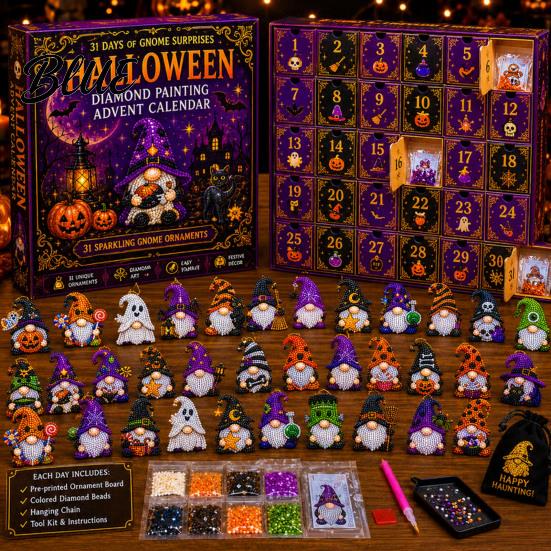 Calendario dell'Avvento di Halloween 31 Giorni Calendario Gnomo Natale Fai da Te Diamond Art Finto Collezione di Ciondoli Kit per Artigianato Ornamenti da Appendere per le Feste