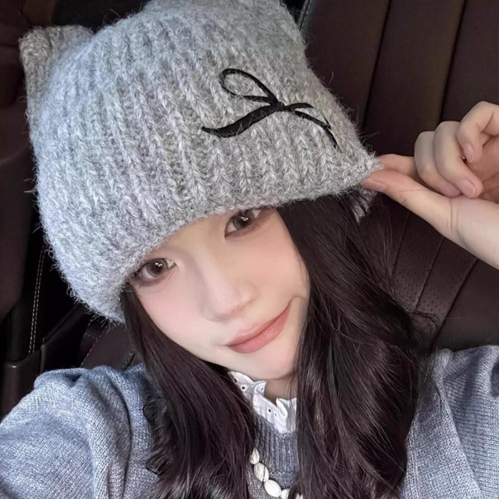 Solid Color Cat Ear Beanie Thickened Knitted Skullies Soft Knitted Woolen Hat  Autumn