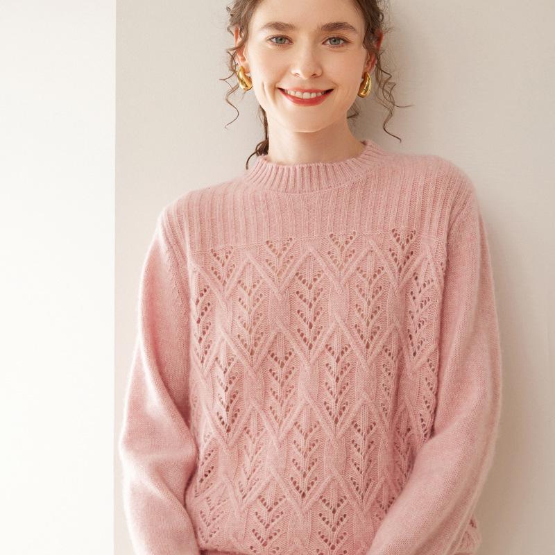 Women's 2025 Autumn/Winter Cashmere Sweater: Half-High Collar, Thick Knitwear, Hollow-Out Design