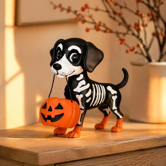 Cute Resin Ghost Figurine Halloween Figurine, Reading Statue, Ornament with Collectibles Pumpkin Bucket, Skeleton Puppy Tabletop Decor for Home