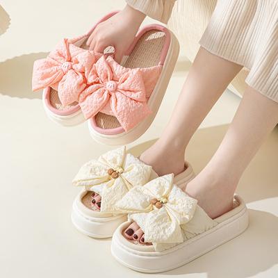 Women's Slippers 2024 Linen Bow Decorated Platform Slippers Comfort Breathable Fashion Cotton Linen Slippers Pantuflas Mujer