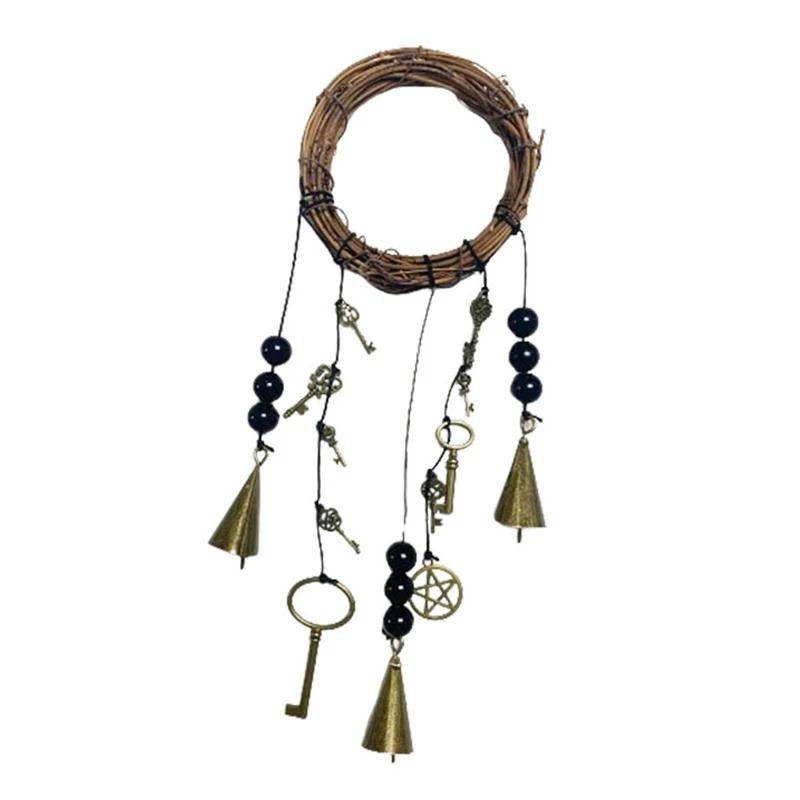 Boho Wind Chime with Bells, Handmade Wicker Wreath Hanging Ornament, Witchy Home Decor for Door Wall Garden, Rustic Witchcraft