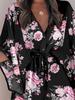 V Neck Women Print Mini Dress Beach Loose Batwing Sleeve Button Lace Up Party Summer Dress