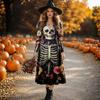 Damen Halloween Skelett Print V-Ausschnitt Langarm A-Linie Maxikleid Cosplay Kostüm Streetwear